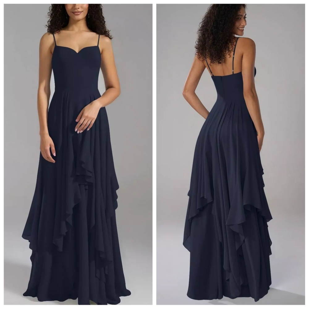 AW Bridal Arabella Navy Chiffon Tiered A-Line Bridesmaid Dress US 10 NWOT